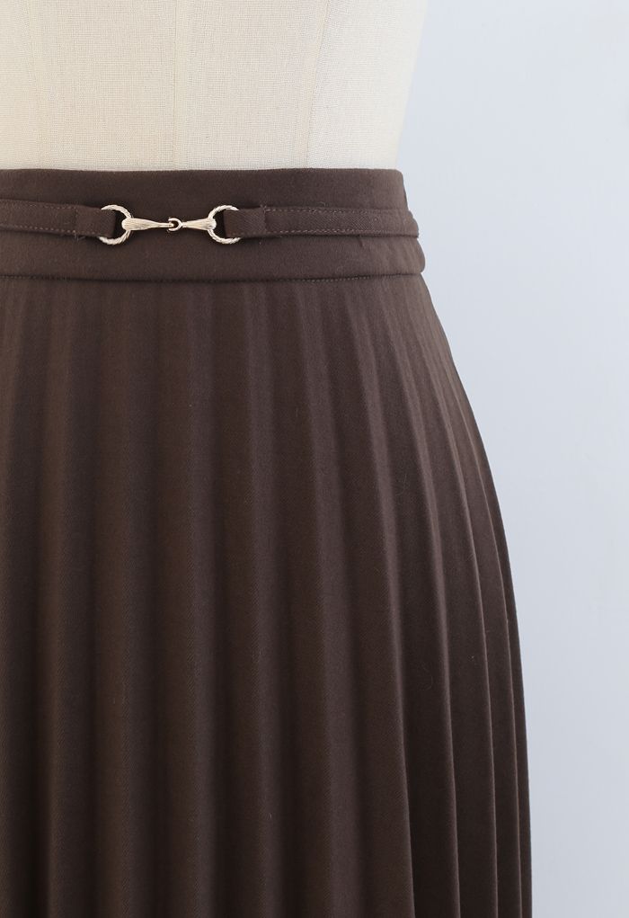 Horsebit Trims Wool-Blend Pleated Midi Skirt in Brown