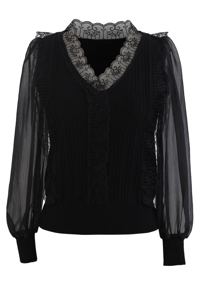 Lacy V-Neck Sheer-Sleeve Knit Top in Black