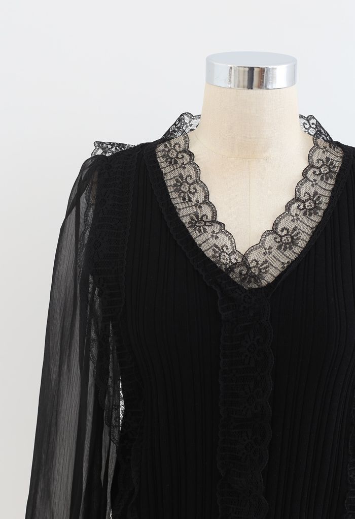 Lacy V-Neck Sheer-Sleeve Knit Top in Black