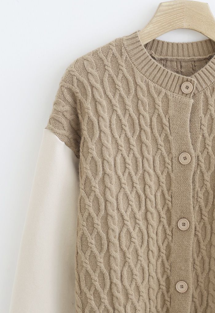 Braid Knit Spliced Sleeves Buttoned Cardigan in Camel