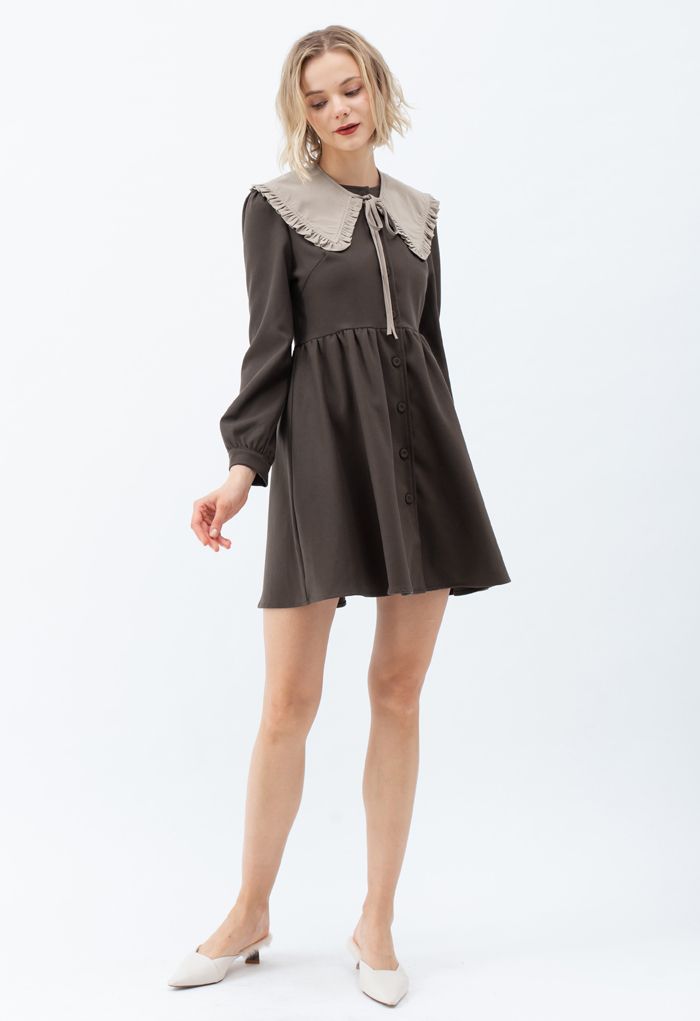 Detachable Collar Button Down Coat Dress in Brown