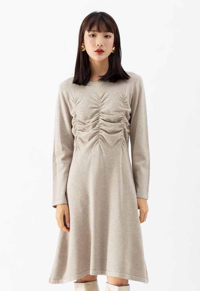 Ruched Front Flare Knit Midi Dress in Linen
