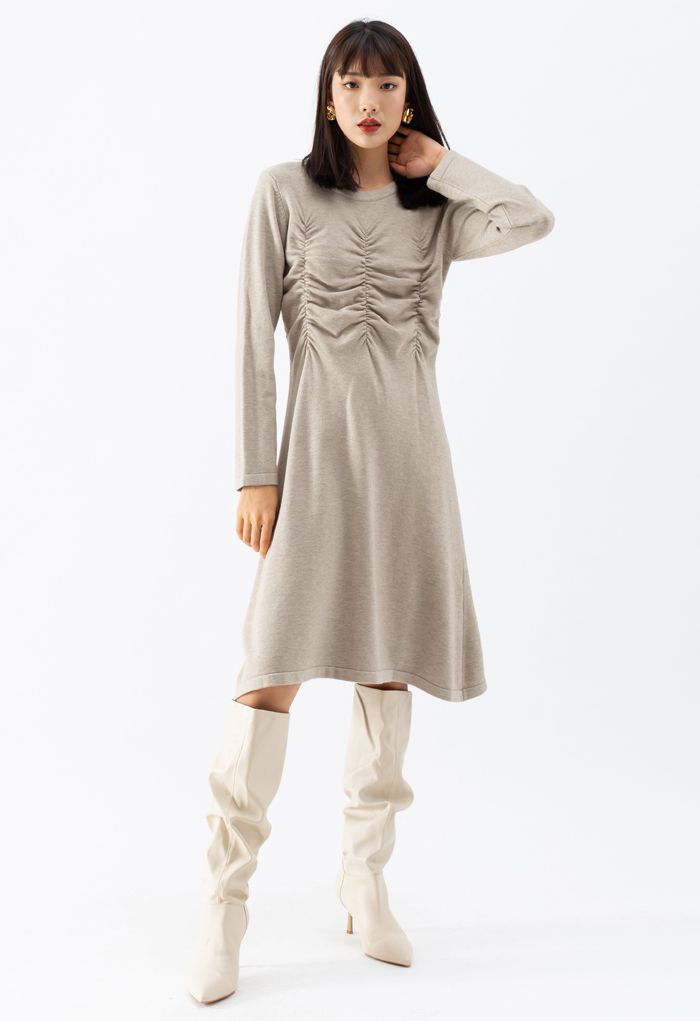 Ruched Front Flare Knit Midi Dress in Linen