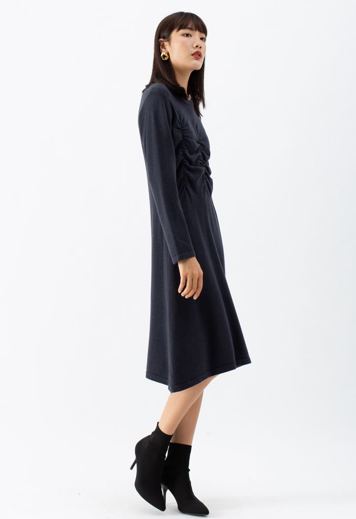 Ruched Front Flare Knit Midi Dress in Smoke