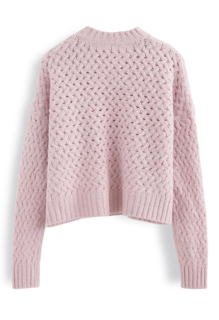 Crisscross Fuzzy Round Neck Sweater in Pink