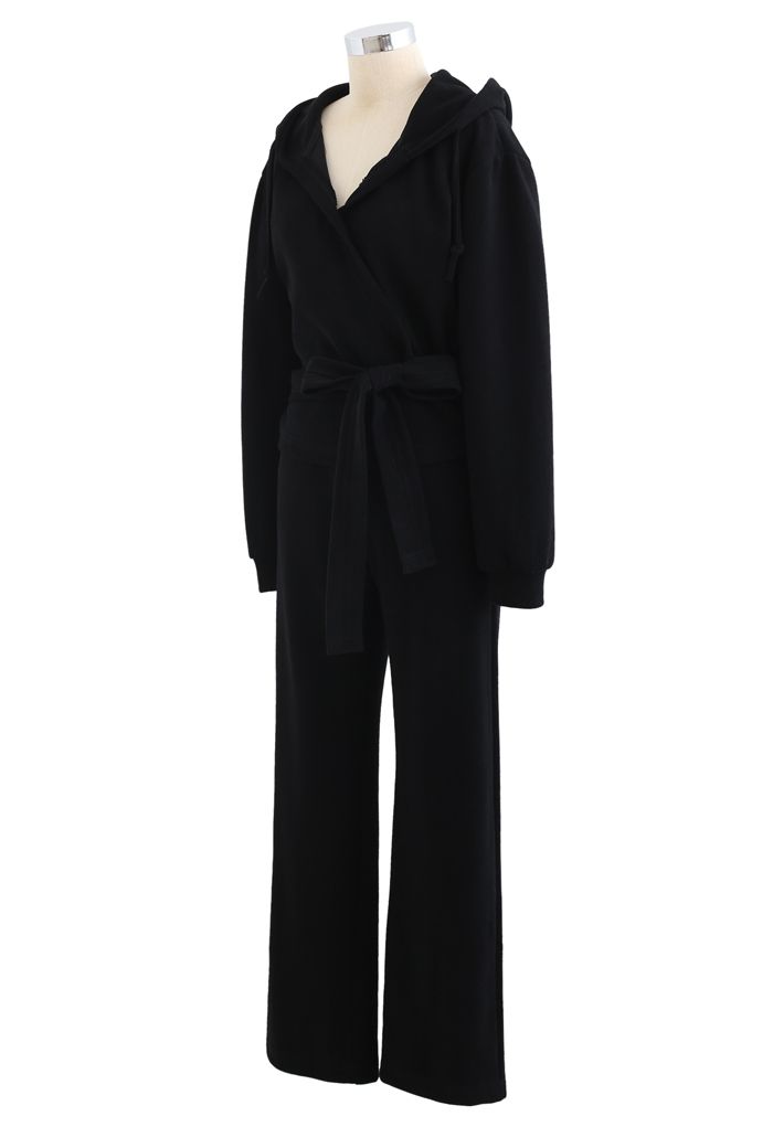Wrap Bowknot Hoodie and Straight Leg Pants Set in Black