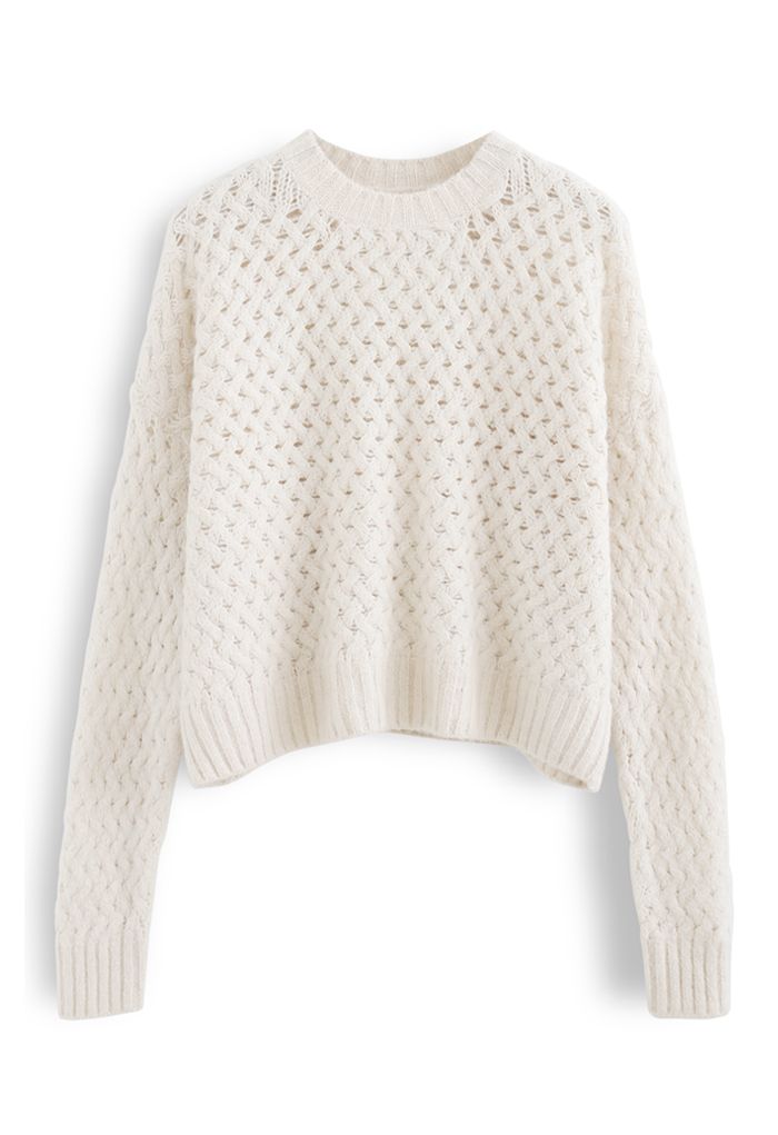Crisscross Fuzzy Round Neck Sweater in Cream
