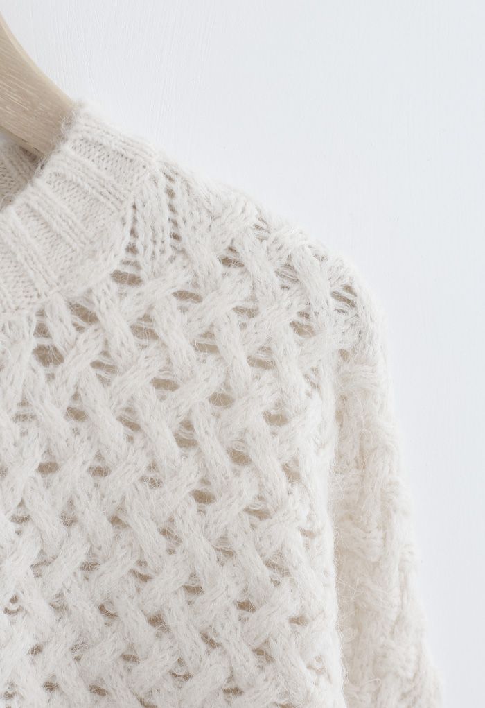 Crisscross Fuzzy Round Neck Sweater in Cream