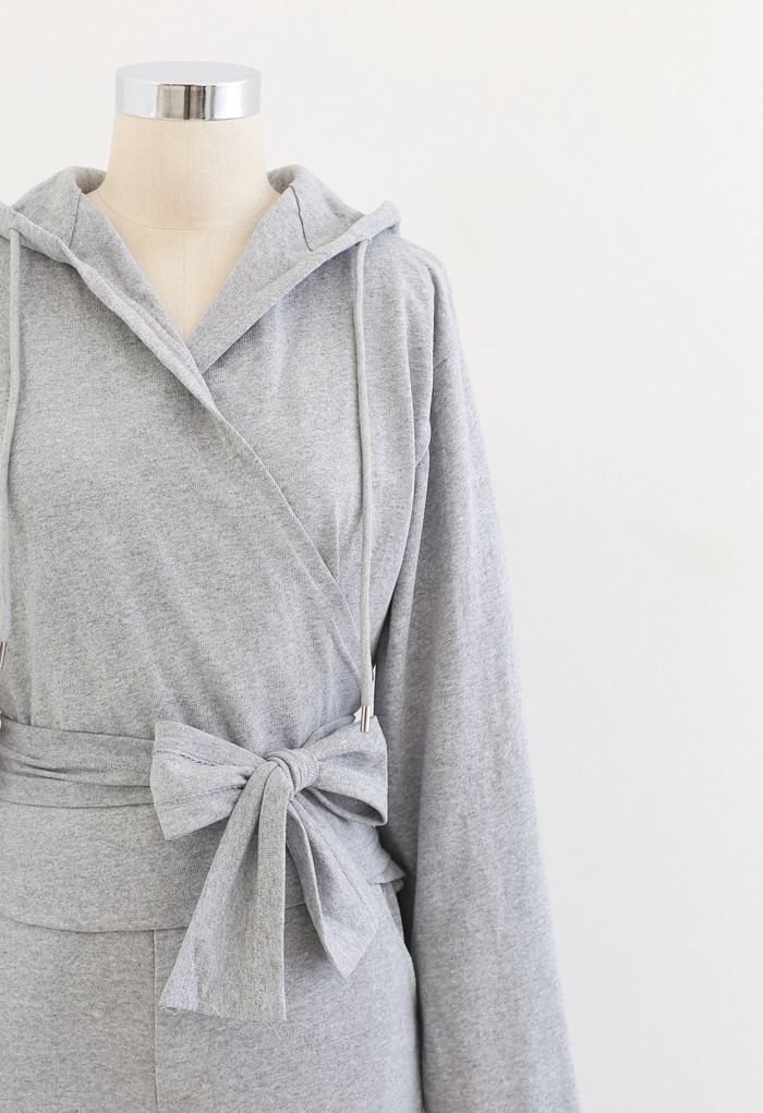 Wrap Bowknot Hoodie and Straight Leg Pants Set in Grey