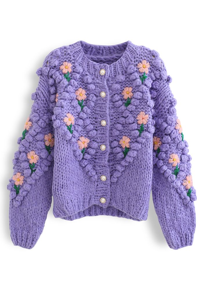 Stitch Floral Diamond Pom-Pom Hand Knit Cardigan in Purple