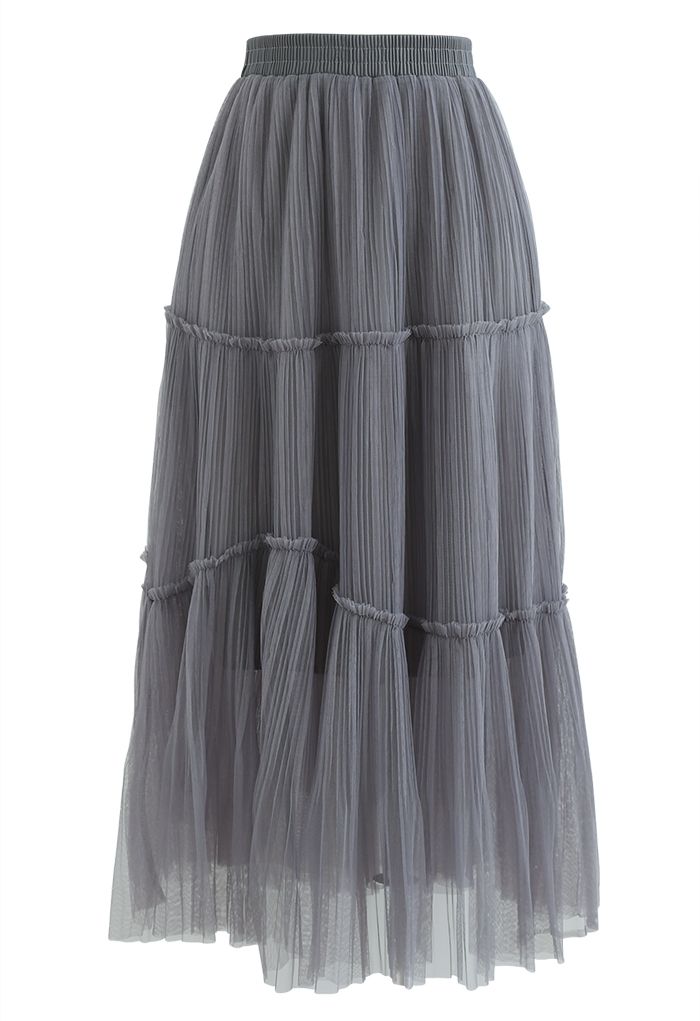 Soft Mesh Ruffle Detail Pleated Skirt in Grey