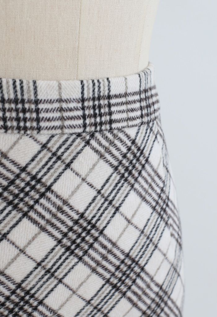 Wool-Blend Check Slit Pencil Skirt in Ivory