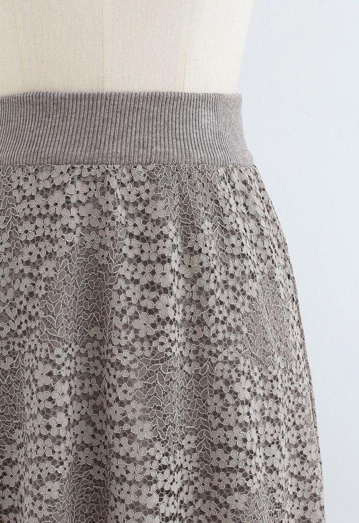 Floret Lace Knit Reversible Midi Skirt in Taupe