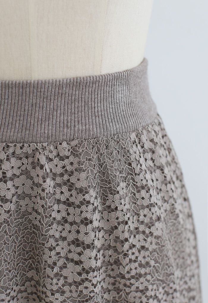 Floret Lace Knit Reversible Midi Skirt in Taupe