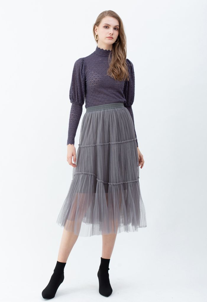 Soft Mesh Ruffle Detail Pleated Skirt in Grey
