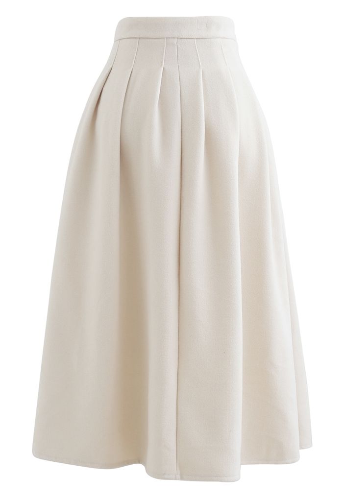 Pleated Wool-Blend Midi Skirt in Cream