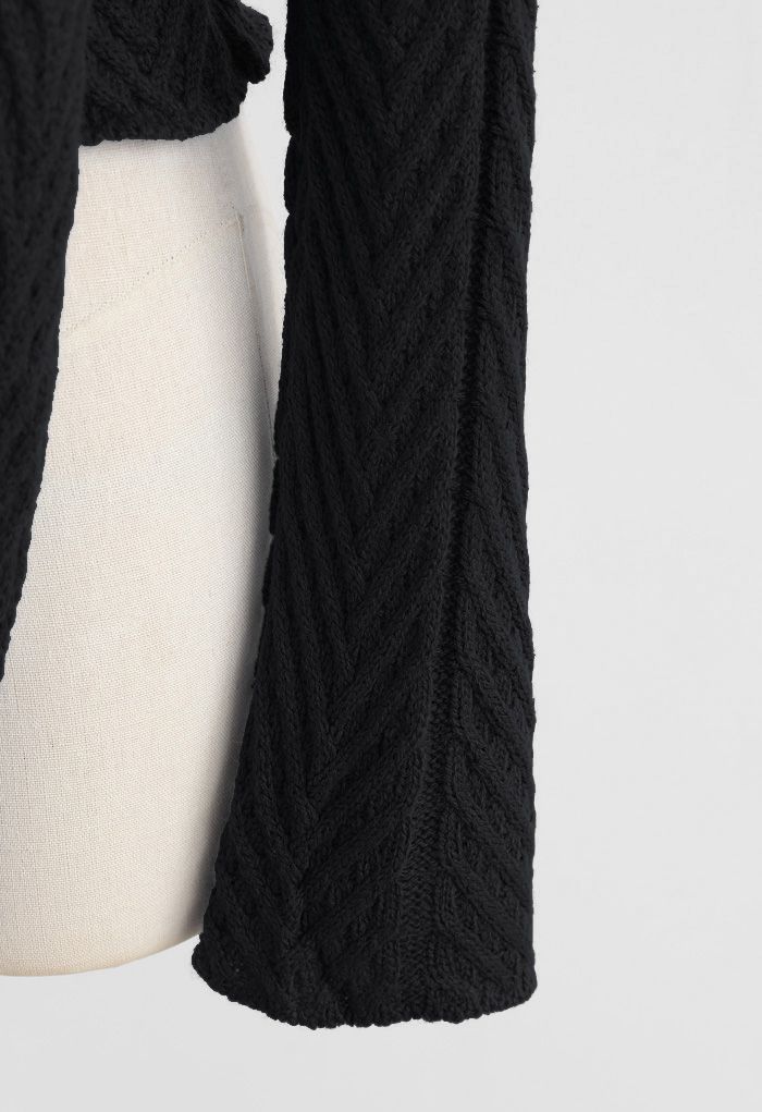 Plunging Wrap Tie Crop Knit Sweater in Black