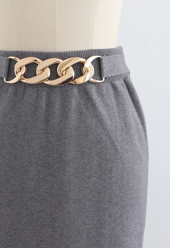 Golden Chain Waist Slit Pencil Knit Skirt in Grey
