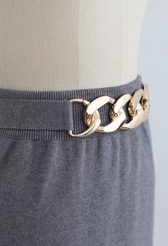 Golden Chain Waist Slit Pencil Knit Skirt in Grey