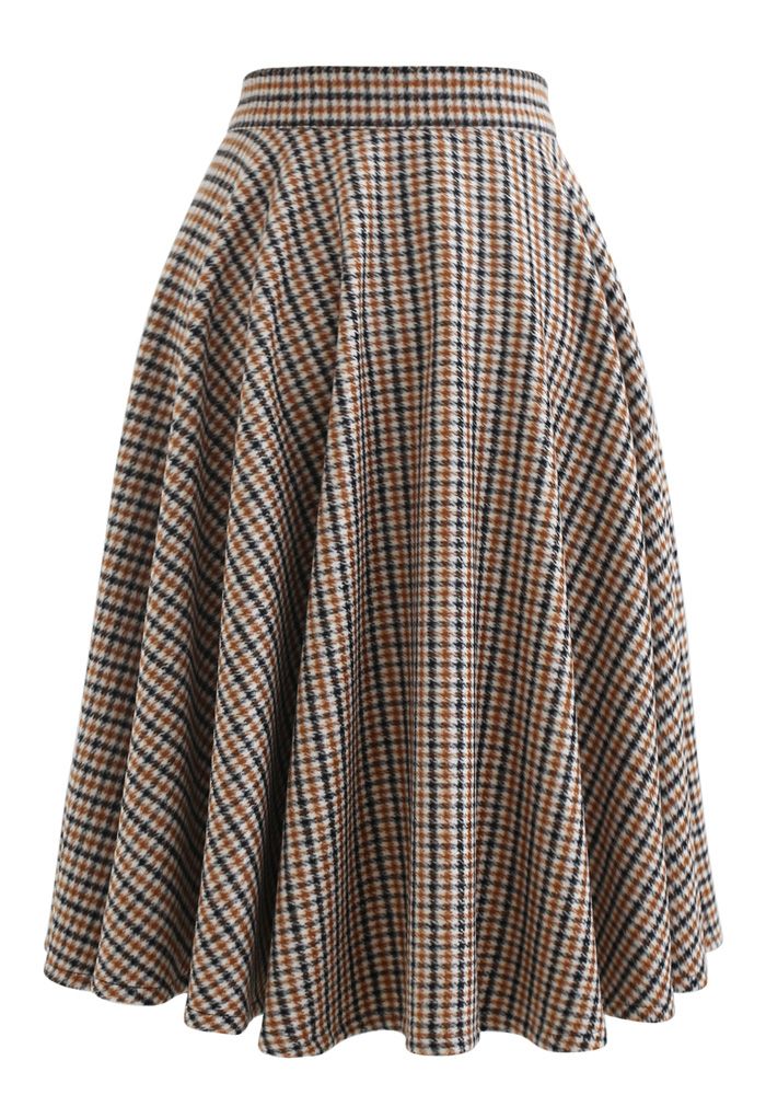 Flare Houndstooth Wool-Blend Midi Skirt