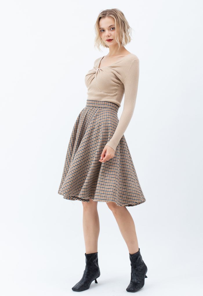 Flare Houndstooth Wool-Blend Midi Skirt