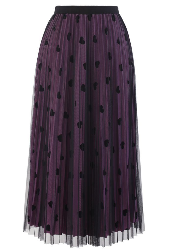 Mesh Overlay Heart Print Pleated Skirt in Violet