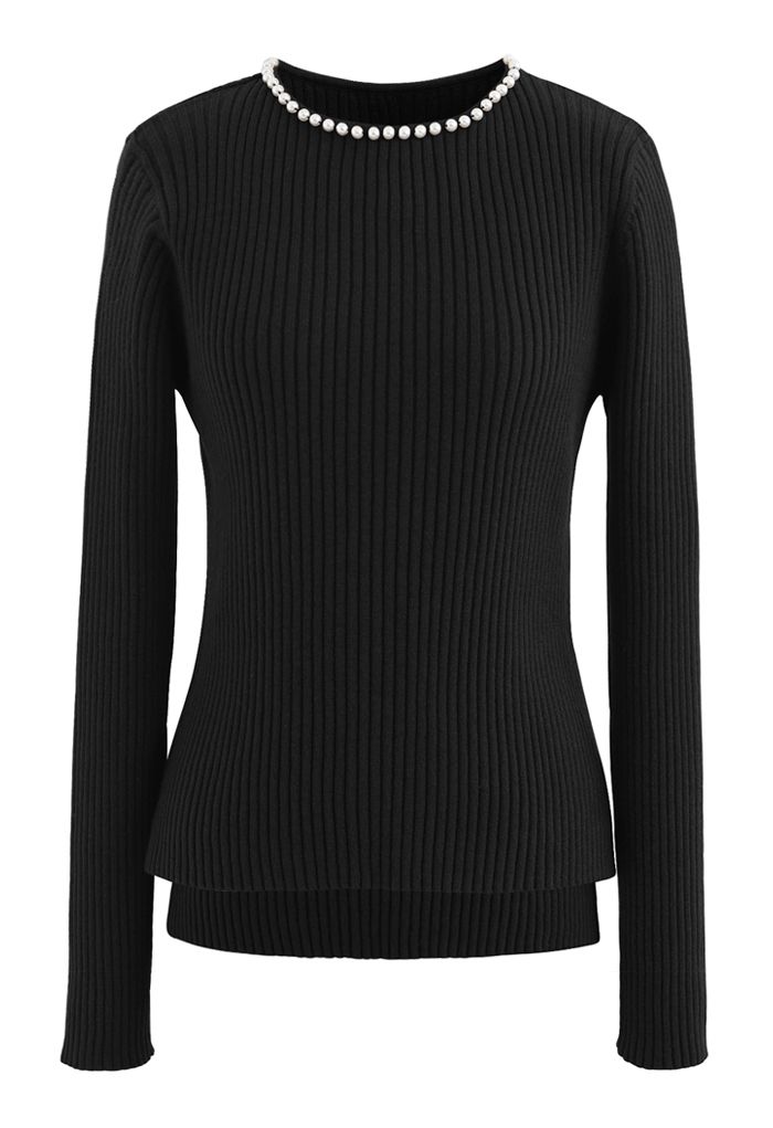 Pearl Neck Ribbed Hi-Lo Knit Sweater in Black