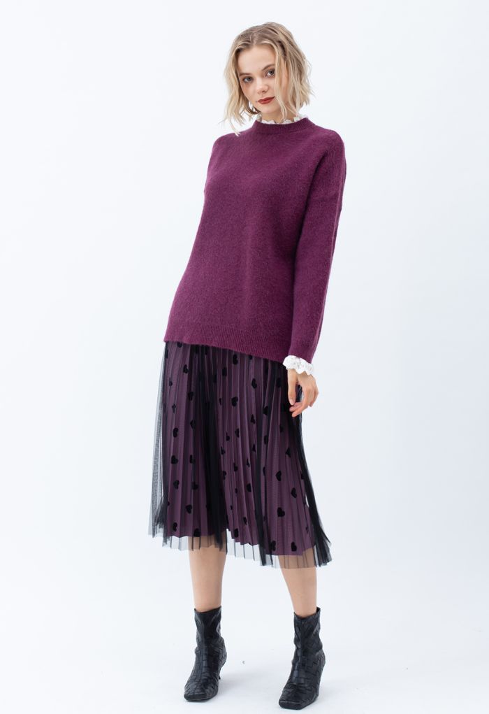 Lacy Details Fuzzy Knit Sweater in Plum