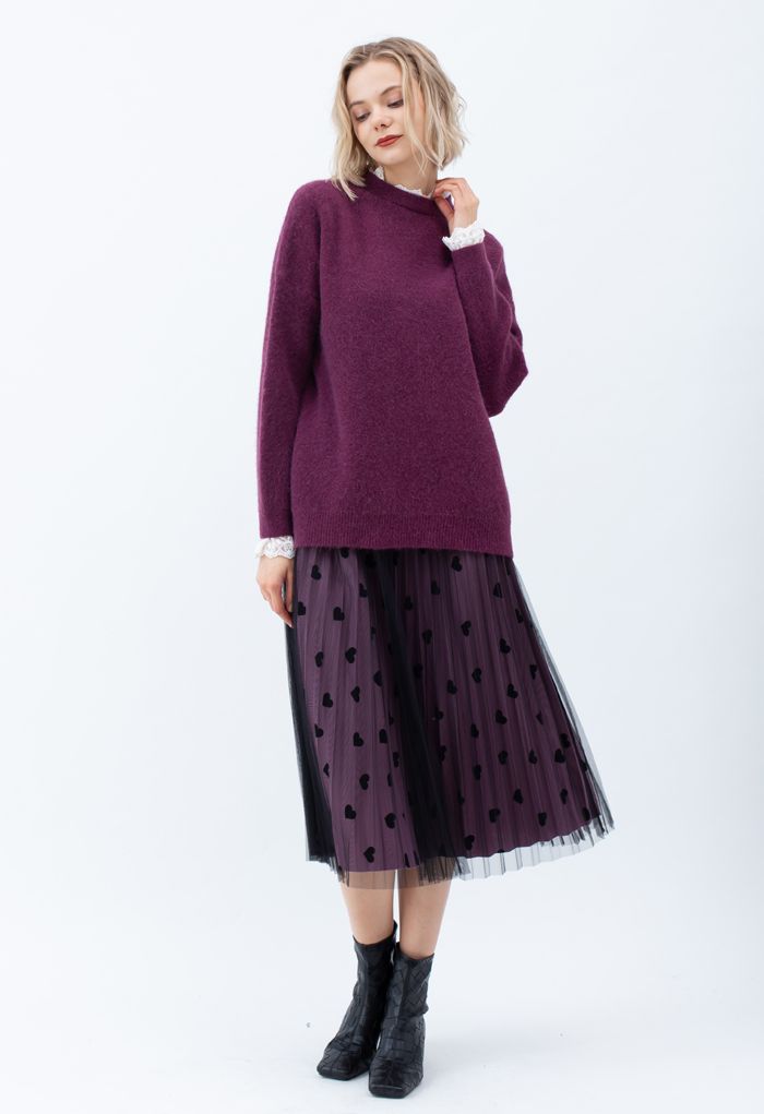 Lacy Details Fuzzy Knit Sweater in Plum