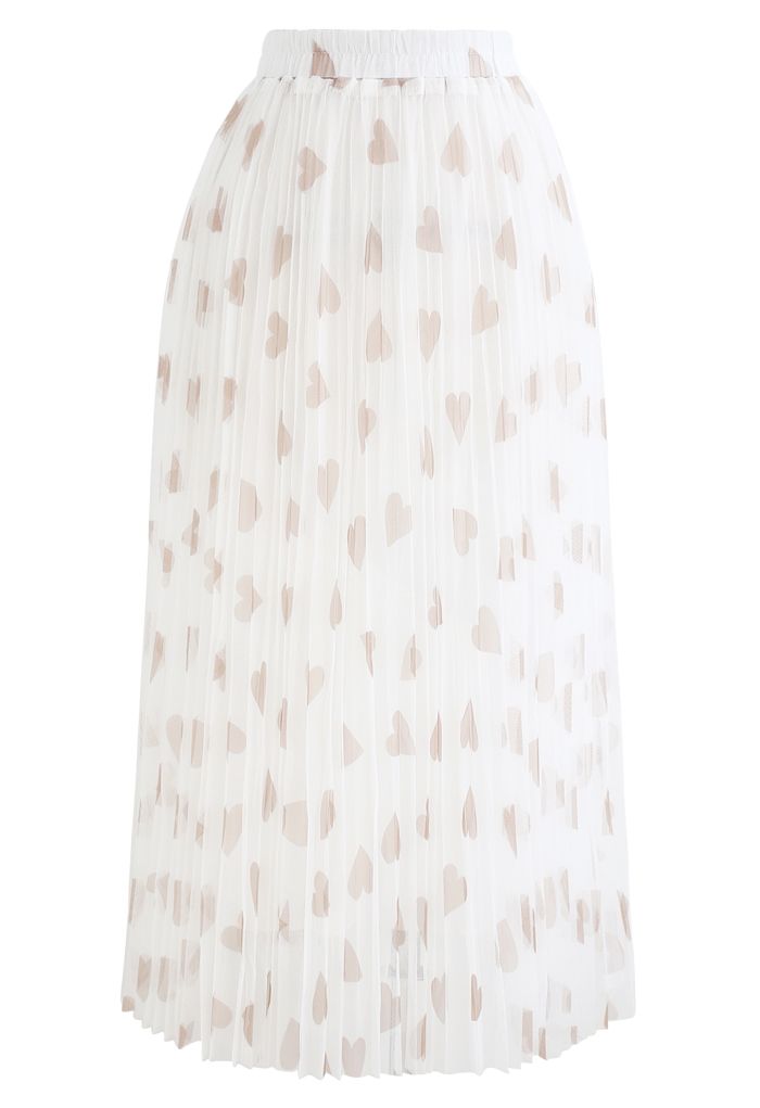 Heart Print Double-Layered Mesh Tulle Skirt in White