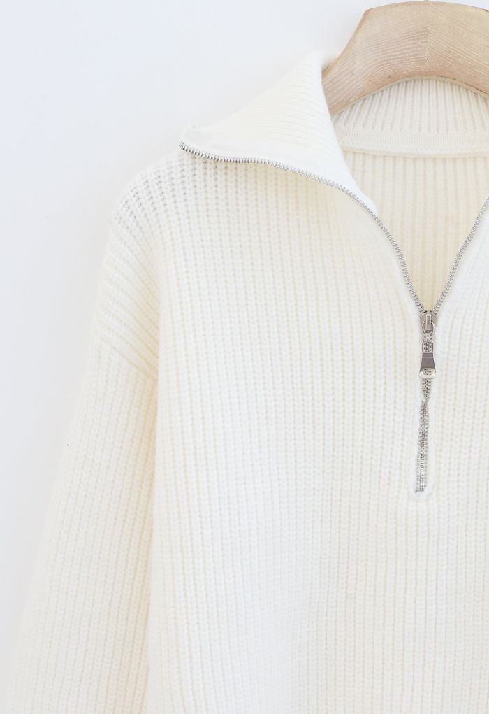 High Zipper Collar Knit Sweater in White