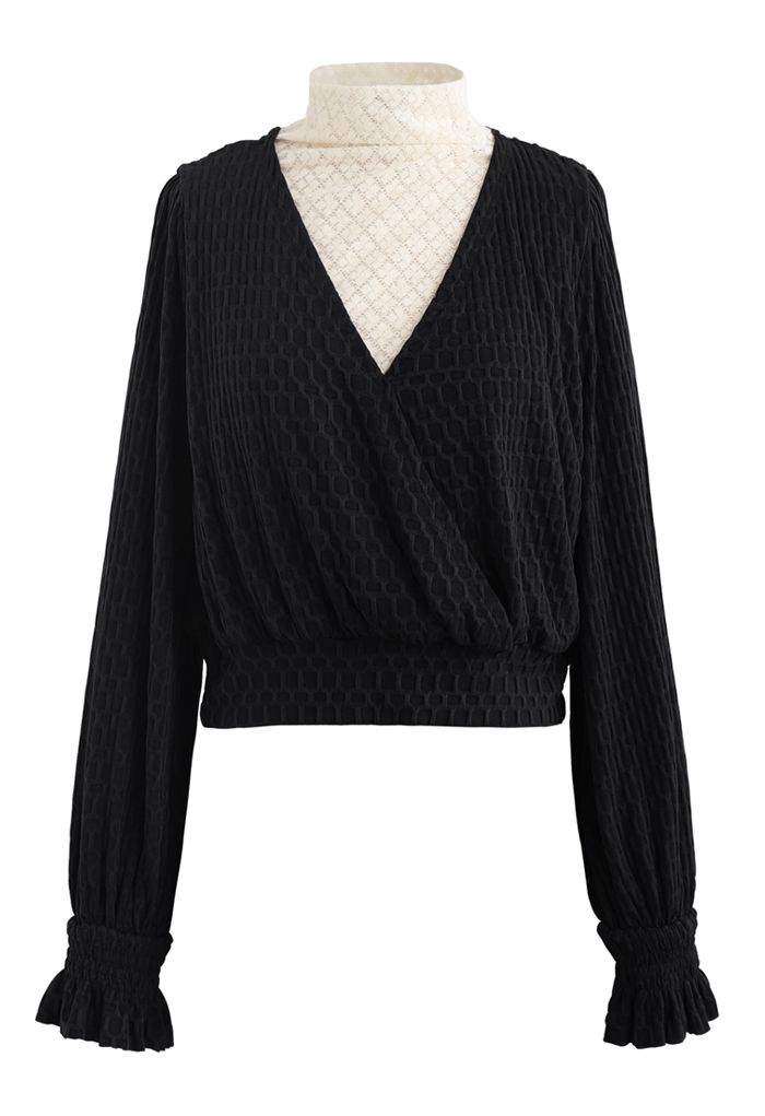 Lace Spliced Embossed Wrap Top in Black
