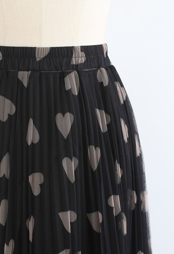Heart Print Double-Layered Mesh Tulle Skirt in Black