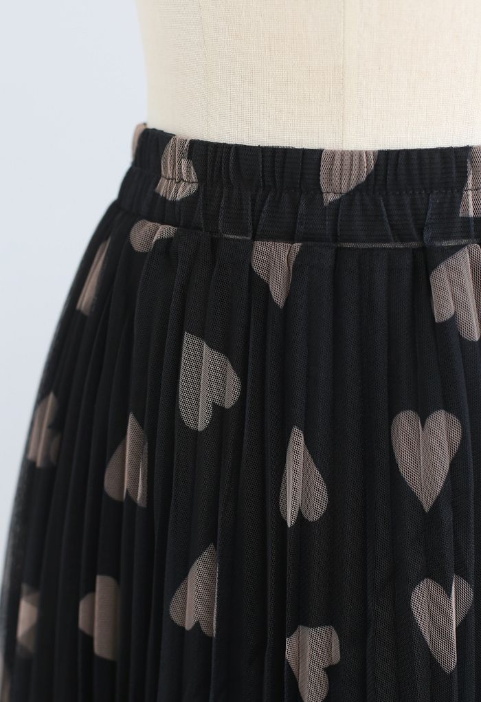 Heart Print Double-Layered Mesh Tulle Skirt in Black