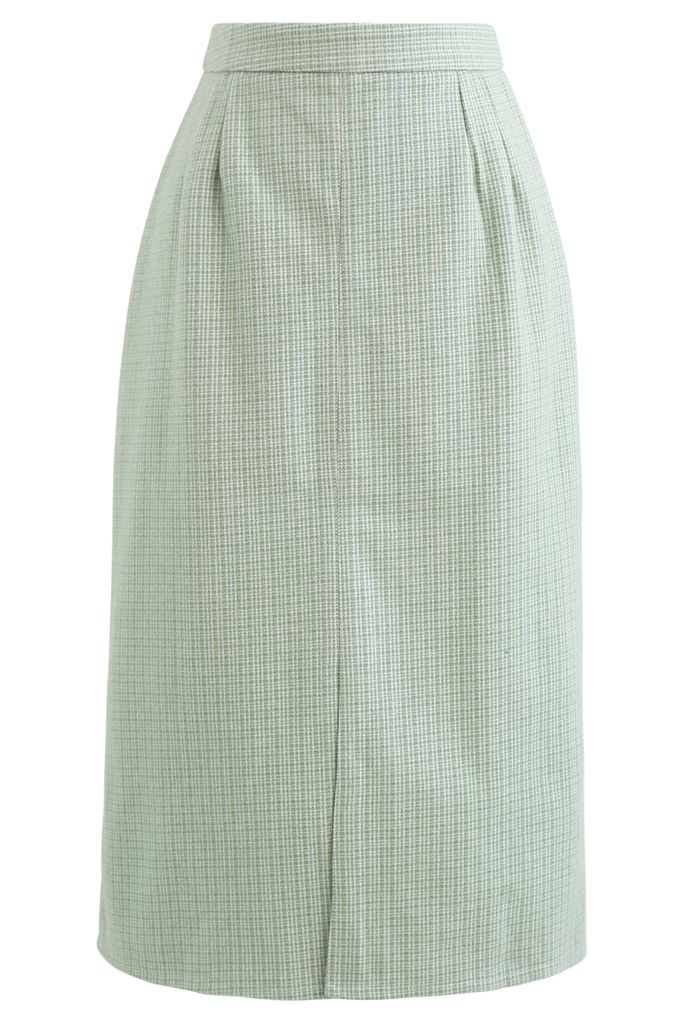 Vent Hem Houndstooth Wool-Blend Pencil Skirt in Mint
