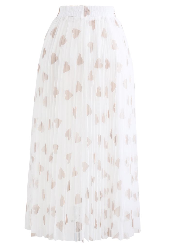 Heart Print Double-Layered Mesh Tulle Skirt in White