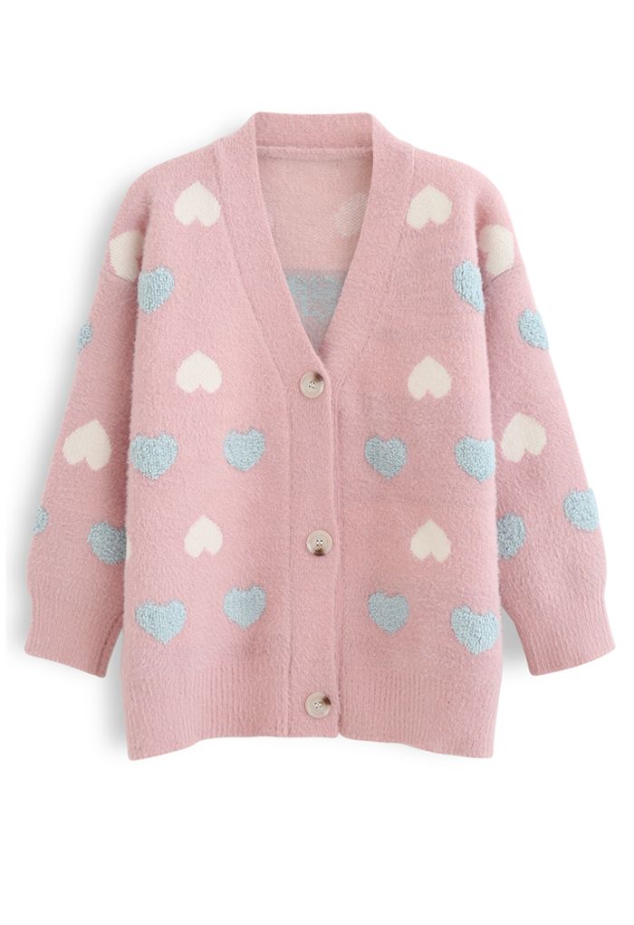Button Down Heart Fuzzy Knit Cardigan in Pink