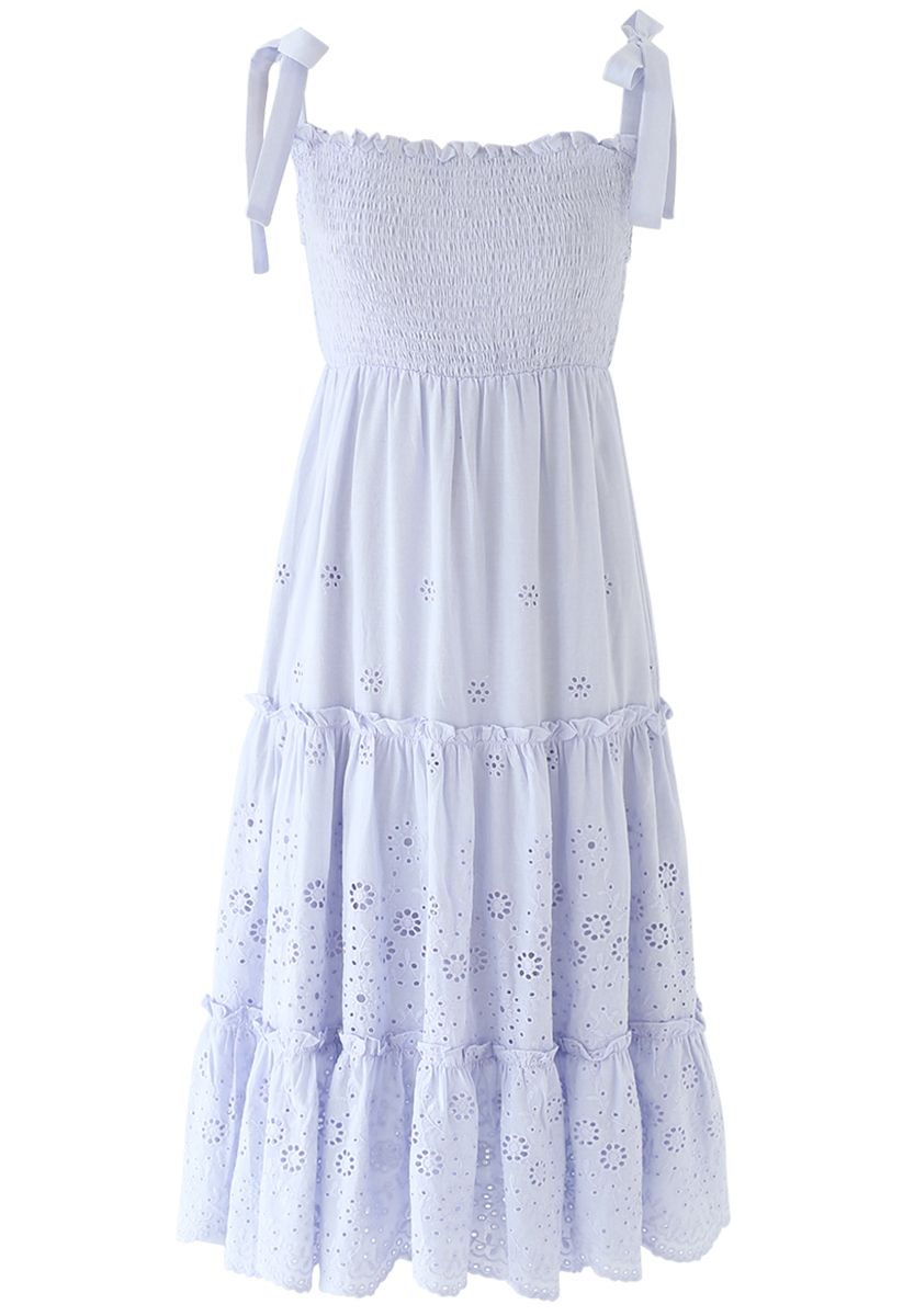 Shoulder Tie Shirred Embroidered Ruffle Dress in Lilac