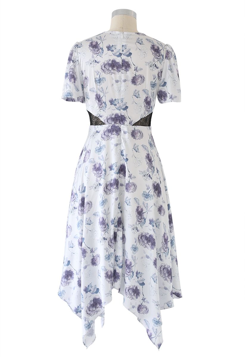 Watercolor Flowers Printed Satin Asymmetric Dress