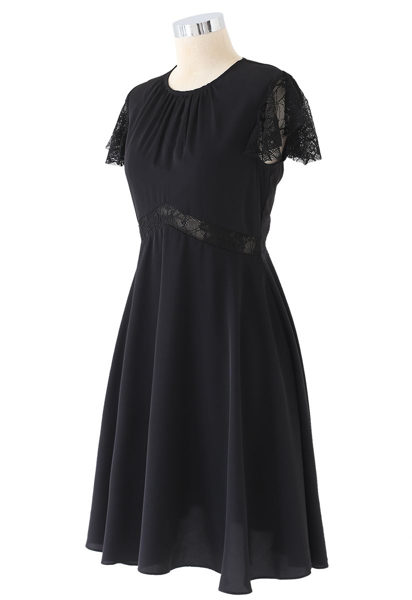 Lace Trim Flare Midi Dress in Black