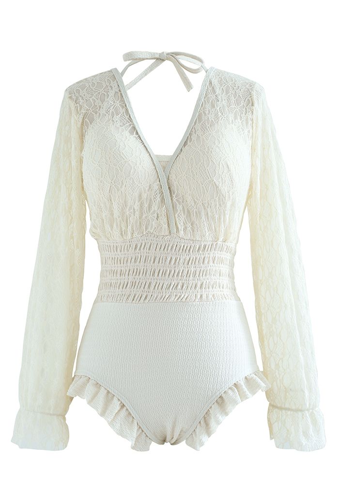 Lacy Long Sleeves Shirred  Ruffle Swimsuit in Cream