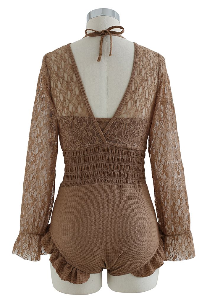 Lacy Long Sleeves Shirred  Ruffle Swimsuit in Brown