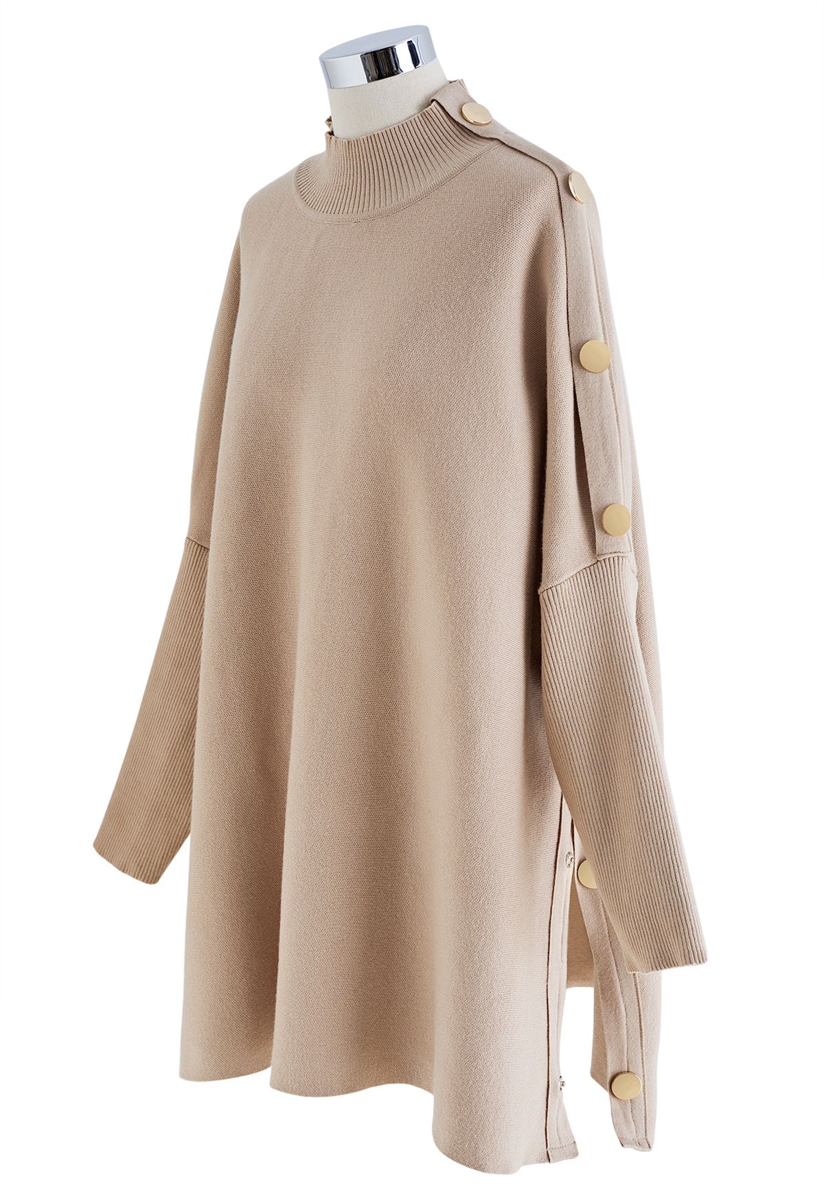 Side Buttoned Flap High Neck Knit Poncho in Camel