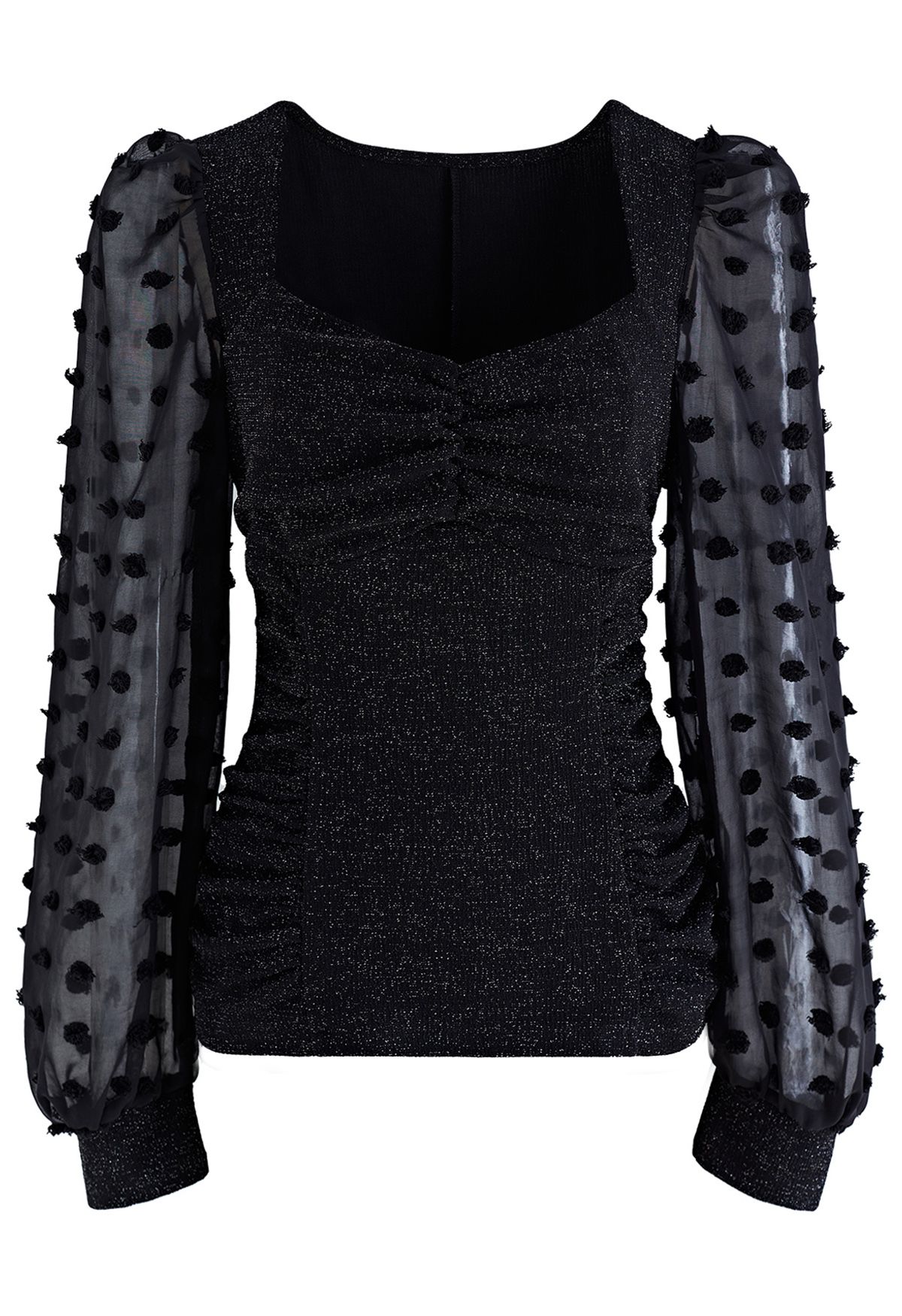 Sweetheart Neck Ruched Spliced Shimmer Top in Black