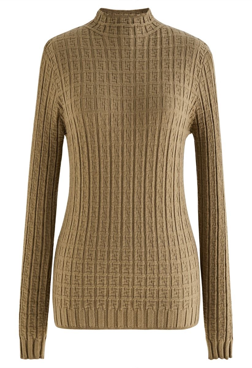 Maze Embossed High Neck Fitted Knit Top in Tan