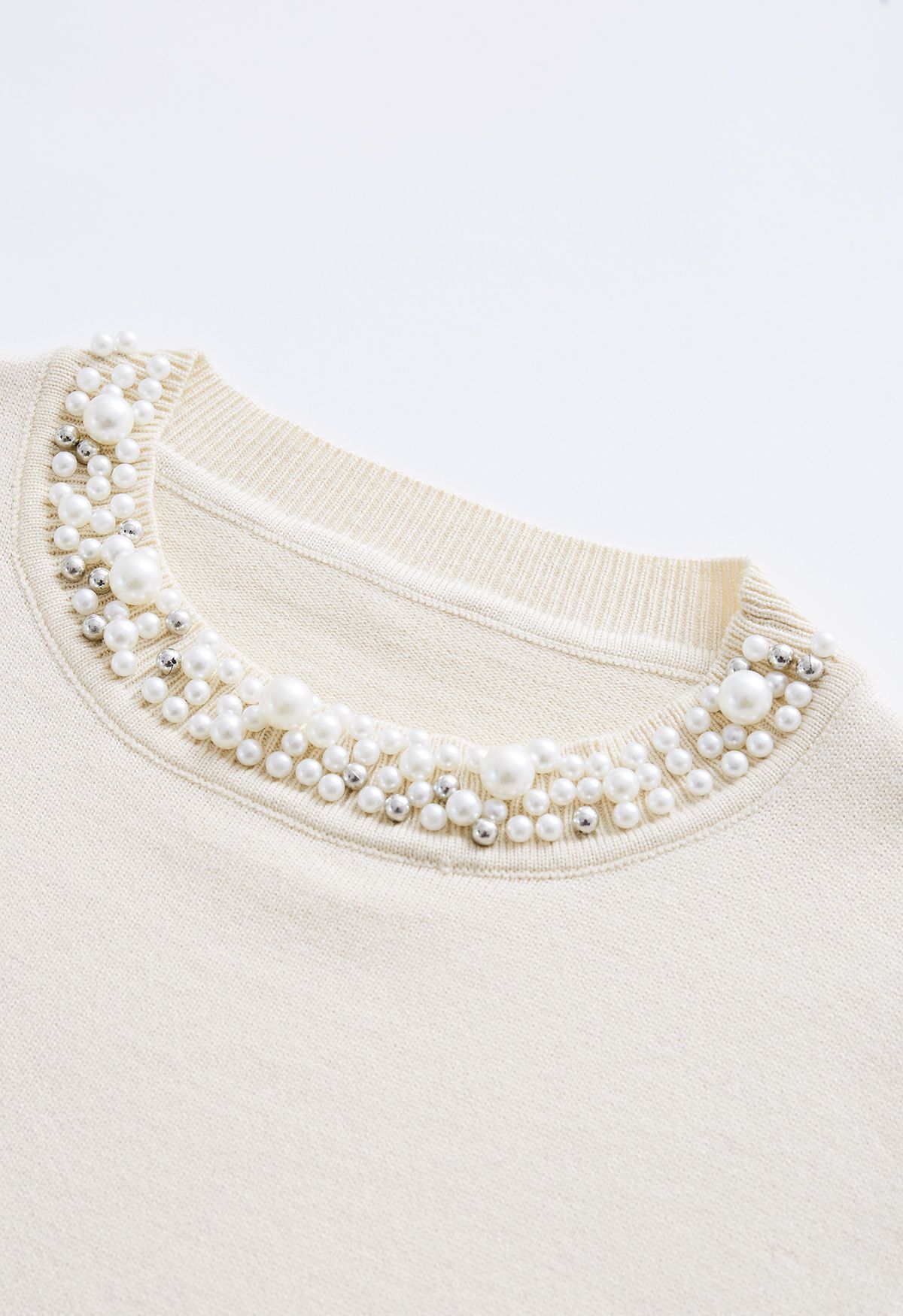 Pearl Trimmed Soft Knit Top in Cream