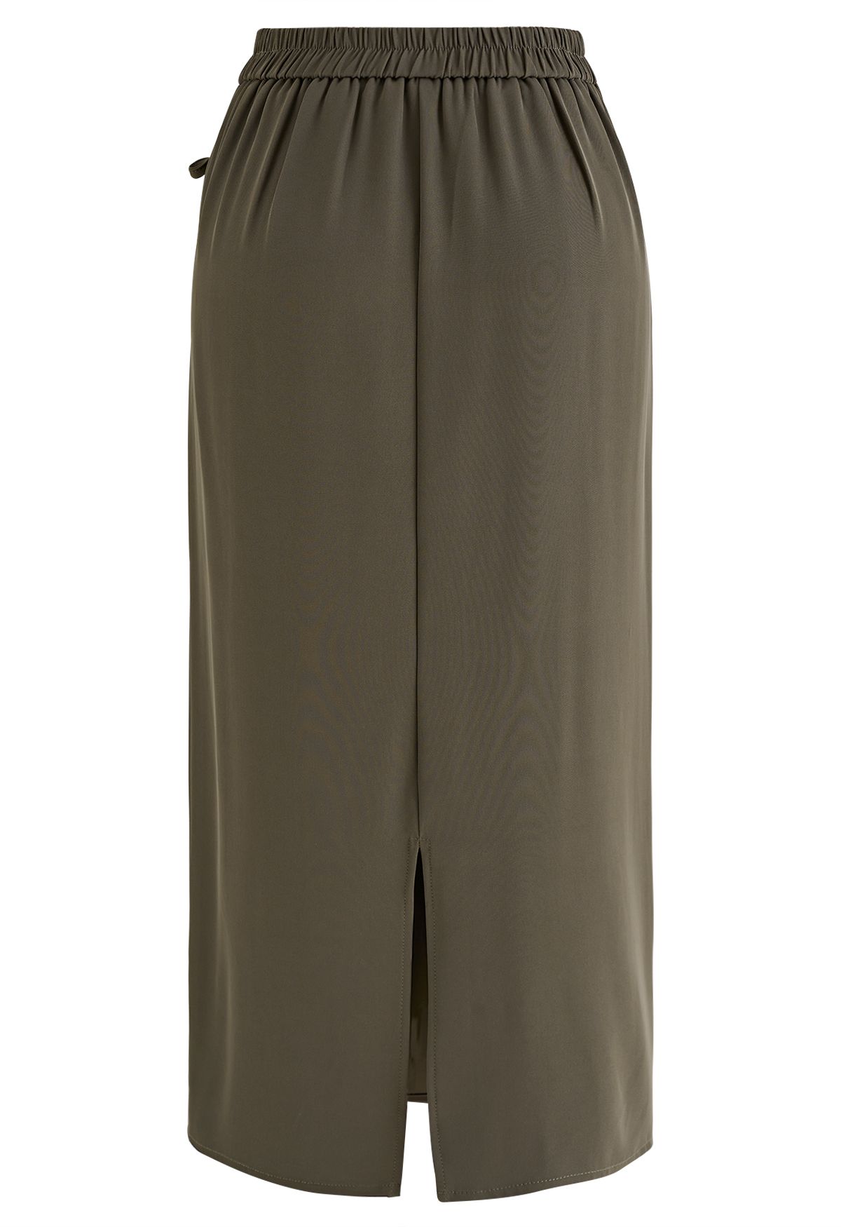 Side Drawstring Flap Midi Skirt in Dark Khaki