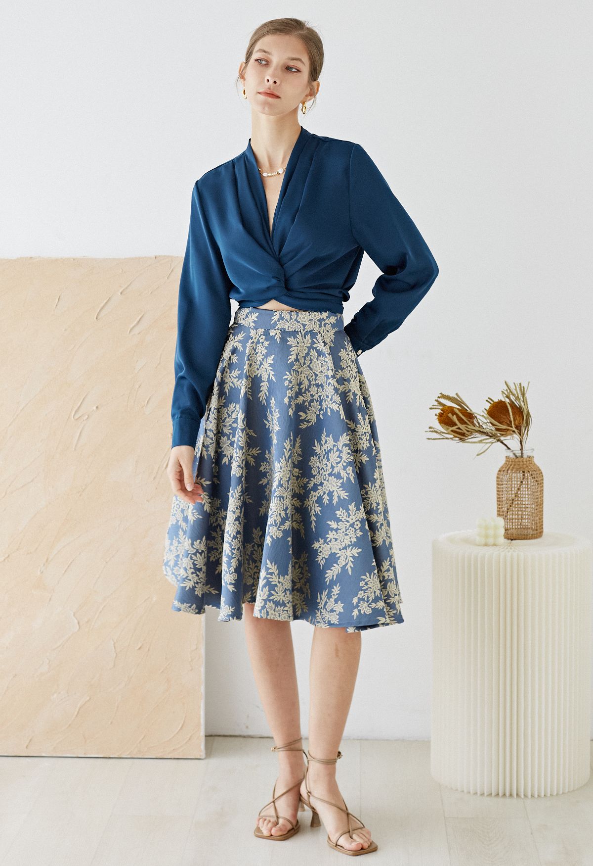 Botanical Jacquard Embroidered Embossed Midi Skirt in Blue