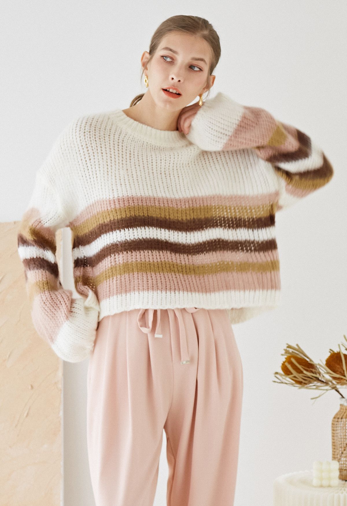 Multi-Striped Fuzzy Knit Crop Sweater