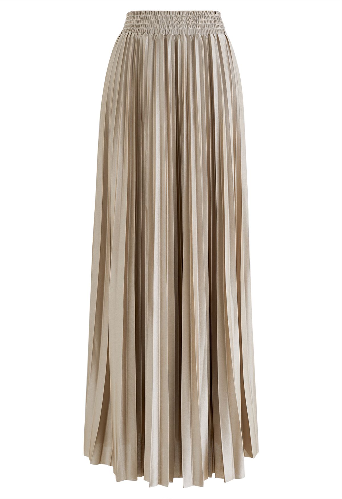 Glossy Pleated Maxi Skirt in Light Tan